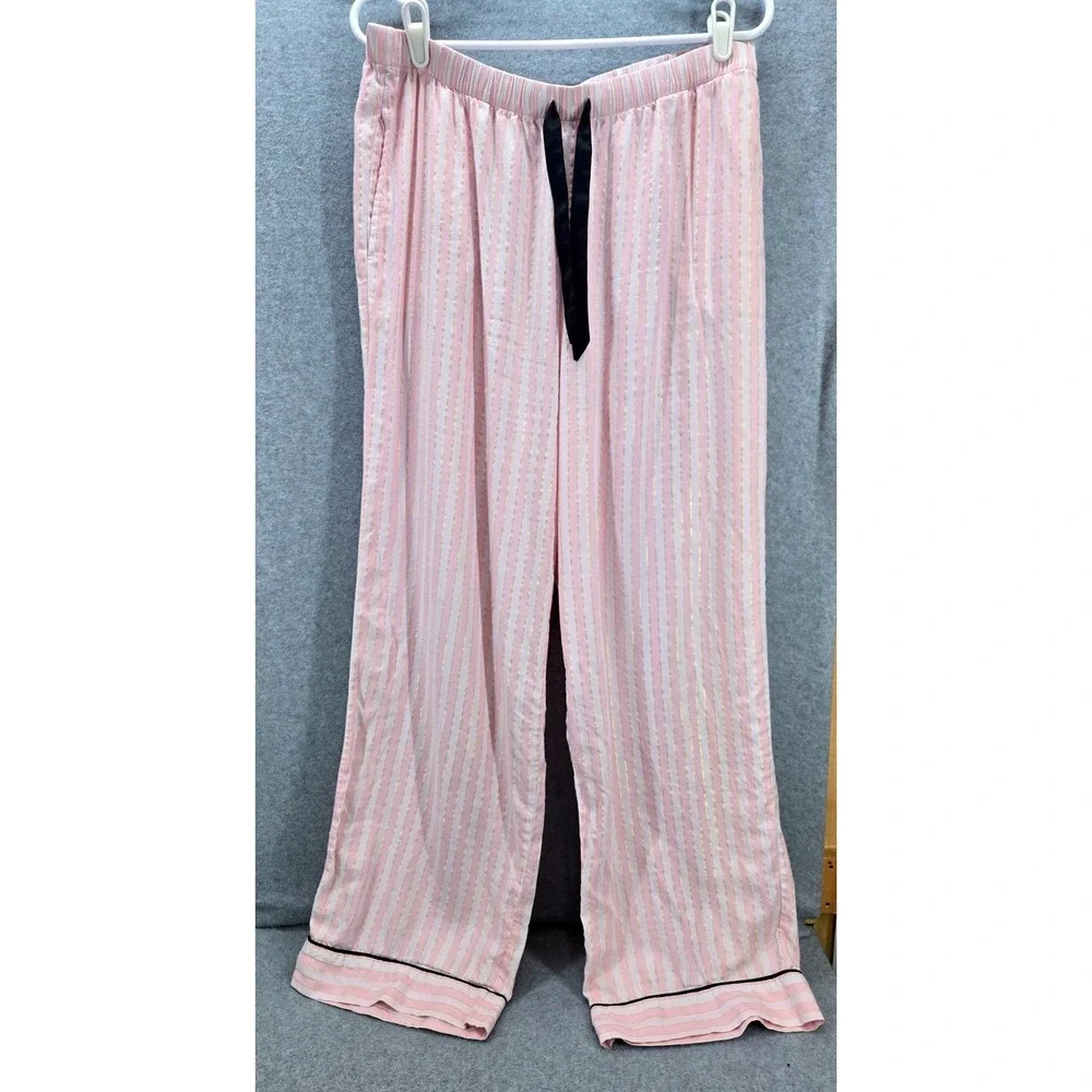 Victoria's Secret Pink White Striped Gold Lurex Pajama Set Large Button Down PJ - Picture 7 of 10